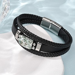 Natural Moss Agate & Braided Microfiber Leather Multi-strand Bracelets for Women Men&nbsp;GG-CBAEA55-01B