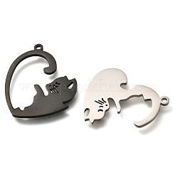 304ステンレススチール製スプリットペンダント  カップル猫チャーム付きハート  ミックスカラー  30x30x1.5mm  穴：1.6mm&nbsp;STAS-Z119-10