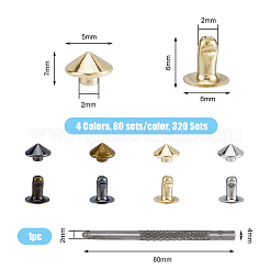 真鍮の衣服リベット  コーン衝突リベット  レザークラフトパンチ付き  ミックスカラー  キャップ：7x5mm  穴：2mm  スタッド：6x6mm  ピン：2mm  320セット  パンチ：80x4mm  穴：2mm  1 PC&nbsp;FIND-FH0008-55