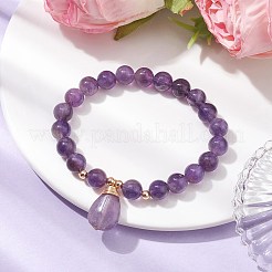 女性用ティアドロップチャーム付き天然アメジストストレッチブレスレット  内径：2-3/8インチ（6cm）&nbsp;BJEW-JB10110-05