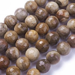 天然石ペトリファイドウッドビーズ連売り  多面カット  ラウンド  10mm  穴：1.2mm  約39個/連  15.15インチ〜15.7インチ（38.5~40cm）&nbsp;G-P430-16-D