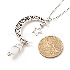 Natural White Jade Bullet with Alloy Moon and Star Pendant Necklace&nbsp;NJEW-JN03912-01