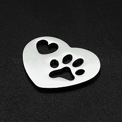 変色しない201ステンレススチールペンダント  レーザー切断  中空の心臓と犬の足跡を持つ心臓  ステンレス鋼色  14.5x18.5x1mm  穴：1.6mm&nbsp;STAS-R111-JA664-01