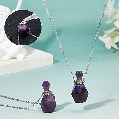 Natural Amethyst Faceted Perfume Bottle Pendant 304 Stainless Steel Cable Chain Necklaces&nbsp;NJEW-WH0002-268B
