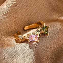 Brass Micro Pave Cubic Zirconia Cuff Rings for Women&nbsp;RJEW-F191-01G-01