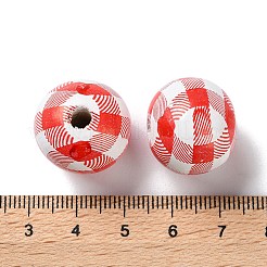 プリントウッドヨーロピアンビーズ  タータン模様のラウンド  レッド  20x18mm  穴：4mm&nbsp;WOOD-Z002-12