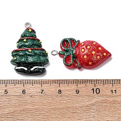クリスマスの不透明な樹脂ペンダント  プラチナアイアンループ＆グリッターパウダー付き  混合図形  24.5~35.5x18.5~28x4~9.5mm  穴：1.8mm&nbsp;RESI-K049-01B