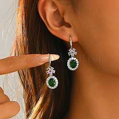Brass Micro Pave Cubic Zirconia Flower with Oval Dangle Earrings for Women&nbsp;GA8760-1