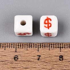 手作りの陶器ビーズ  手描き  ファミーユは磁器バラ  立方体とドル記号  レッド  8~9x8~9x8~9mm  穴：2~2.8mm&nbsp;PORC-N012-13D