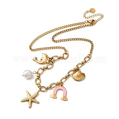 304 Stainless Steel Starfish Dolphin Shell Pink Enamel Rainbow Pendant Necklaces for Women&nbsp;NJEW-F346-01G