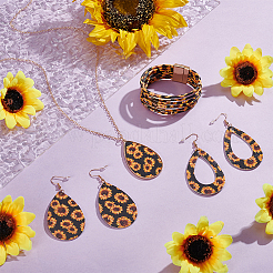 ヒョウ柄合金ペンダントネックレス＆イヤリング＆ブレスレットセット  ティアドロップ  ピアス：83x41mm&nbsp;SJEW-WH0020-03A