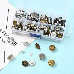 ジーンズ用の鉄製のボタンピン  服飾材料  模様付きのフラットラウンド  ミックスカラー  6模様  17x7.5mm  穴：1.8mm  ピン：7.5x8mm  ノブ：2.5mm  80セット/箱&nbsp;BUTT-YW0001-01A