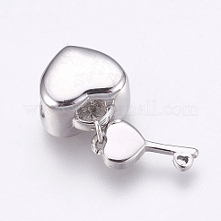 304ステンレススチールヨーロピアンビーズ  大穴ビーズ  ラインストーン付き  ハートと鍵  クリスタル  ハート：11x11.5x7mm  キー：13x6x2ミリ  穴：4mm&nbsp;X-CPDL-G001-07A