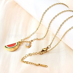 女性用304ステンレススチールレッドエナメルペンダントネックレス  クリスタルラインストーン付き  18KGP本金メッキ  スイカ  16.14インチ（41cm）  ペンダント：20x11x5mm&nbsp;NJEW-U043-02A-G