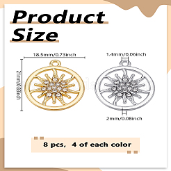 8 個 2 色ラックメッキ合金ペンダント  ラインストーンとラウンド  太陽のチャーム  プラチナ·ゴールデン  21x18.5x2mm  穴：1.4mm  4個/カラー&nbsp;FIND-LP0005-18
