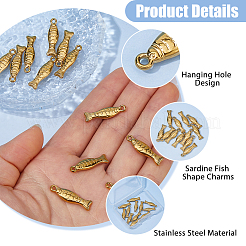 304ステンレススチールペンダント12個  イワシのチャーム  ゴールドカラー  23x6x3.5mm  穴：1.6mm&nbsp;STAS-HS0001-87