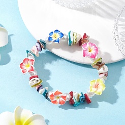 Handmade Polymer Clay Flower & Natural Shell Chip Stretch Bracelets&nbsp;BJEW-JB12582