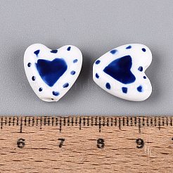 手作りの陶器ビーズ  手描き  ハート  ファミーユスタイルバラ  マリンブルー  15x15x7mm  穴：3mm&nbsp;PORC-Q005-11A