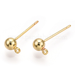 真鍮製スタッドピアスパーツ  カン付き  ニッケルフリー  18KGP本金メッキ  15mm  穴：1.2mm  ボール：直径4mm  ピン：0.7mm&nbsp;X-KK-I649-10G-NF