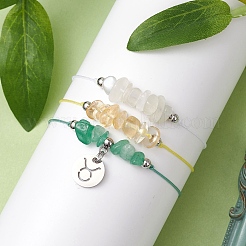星座調節可能なナイロンコード編みビーズブレスレット3個、女性用、男性用  天然ホワイトムーンストーン、天然グリーンアベンチュリン、天然シトリンビーズ付き  牡牛座  内径：3-3/8インチ（8.5cm）&nbsp;BJEW-JB11325-02
