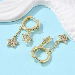 真鍮マイクロペーブクリアキュービックジルコニアハギーフープピアス  長持ちメッキ  スター  18KGP本金メッキ  32.5mm  ピン：0.9mm&nbsp;EJEW-K083-43G