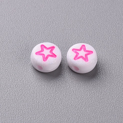 白い不透明なアクリルビーズ  ハート＆フラワー＆ムーン＆スターのフラットラウンド  ショッキングピンク  7x4mm  穴：1.6mm&nbsp;MACR-N008-41E