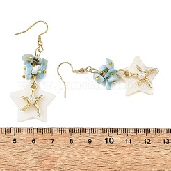 天然ラリマー＆天然淡水貝＆合金製ダングルピアス（女性用）  ヒトデ  女性用304ステンレススチールダングルイヤリング  ゴールドカラー  59x23.5mm&nbsp;EJEW-JE07403