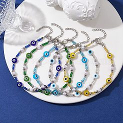 手作りのナザールボンジュウランプワークとガラスシードビーズのアンクレット  ミックスカラー  10-1/4インチ（26cm）&nbsp;AJEW-AN00573