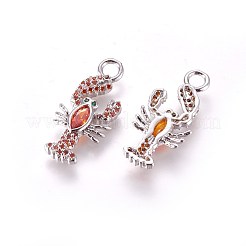 真鍮製マイクロパヴェキュービックジルコニアペンダント  ロブスター  レッドオレンジ  プラチナ  23.5x10x3mm  穴：3mm&nbsp;ZIRC-L075-25A-P
