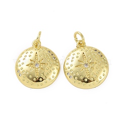真鍮製マイクロパヴェキュービックジルコニアペンダント  カドミウムフリー＆ニッケルフリー＆鉛フリー  18KGP本金メッキ  丸カン付き  スターチャーム付きフラットラウンド  透明  17x15x2.5mm  丸カン：5x0.8ミリ  内径：3.2mm&nbsp;KK-E068-VF047