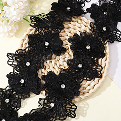 Double Layer Polyester 3D Flower Lace Trim Ribbon with Rhinestone&nbsp;OCOR-WH0097-73C