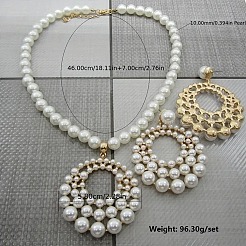 女性用プラスチック製模造真珠ビーズスタッドピアス＆ネックレスセット  合金アクセサリーセット  貝殻色  460mm&nbsp;FS-WGDB8BB-01
