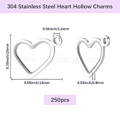 304ステンレススチールオープンペンダント250個  ハート  ステンレス鋼色  10x14x0.8mm  穴：1.4mm&nbsp;STAS-BBC0009-48