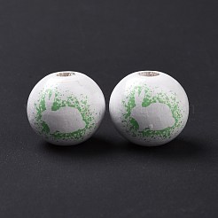 イースターのテーマ プリント ウッド ヨーロピアン ビーズ  大穴ビーズ  うさぎ柄の丸  薄緑  16x14.5mm  穴：4mm&nbsp;WOOD-C002-10B