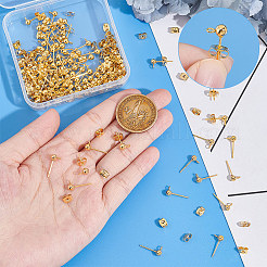 304ステンレススチールスタッドピアス金具  ピアスキャッチとカン付き  ゴールドカラー  7x4mm  穴：2mm  ピン：0.7mm  100個/箱&nbsp;STAS-UN0002-53G