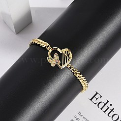 真鍮製マイクロパヴェキュービックジルコニアコネクターブレスレット  女性用キューバチェーンジュエリー  蝶  18KGP本金メッキ  7-3/8インチ（18.7cm）  ペンダント：30x20x4mm&nbsp;BJEW-M050-04G-04