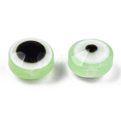 樹脂ビーズ  フラットラウンド  ナザールボンジュウ  薄緑  6x4mm  穴：1.5mm&nbsp;RESI-S339-4x6-19-1