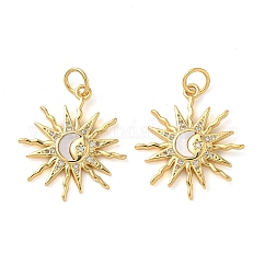 Natural White Shell Pendants, Brass Sun Charms with Jump Rings, Real 18K Gold Plated, 22x19.5x2.5mm, Hole: 3.5mm
