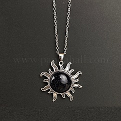 Synthetic Blue Goldstone Sun Pendant Alloy Chain Vintage Necklaces, Platinum, 19.69 inch(50cm)