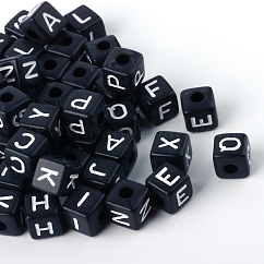 Opaque Acrylic European Beads, Horizontal Hole, Large Hole Beads, Cube with Letter, Black, Random Mixed Letters, 10x10x10mm, Hole: 4mm, about 530pcs/500g