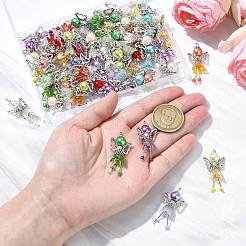 30個10スタイルの手作りガラスパールビーズペンダント  天使のペンダント  合金の羽根とアクリルフラワービーズとガラスシードビーズ付き  ミックスカラー  40mm  穴：2.5mm  3個/スタイル&nbsp;PALLOY-CJD00004