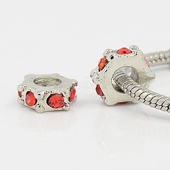 六角形プラチナトーン合金ラインストーンヨーロッパのビーズ  大穴ビーズ  ミックスカラー  10.5x5.5mm  穴：4.5mm&nbsp;CPDL-M014-01