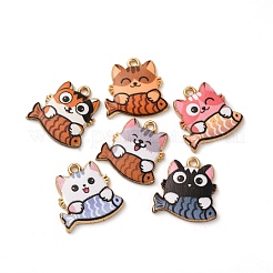12 個 6 スタイル ラック メッキ合金エナメル ペンダント  ゴールドカラー  魚のチャームを持つ猫  ミックスカラー  18x18x3mm  穴：2mm  2個/スタイル&nbsp;FIND-FP0002-73