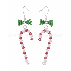 Glass Beaded Christmas Candy Cane with Bowknot Dangle Earrings&nbsp;EJEW-TA00080