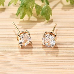 女性用フラットラウンド真鍮パヴェキュービックジルコニアスタッドピアス  カドミウムフリー＆鉛フリー  長持ちメッキ  ラックめっき  ゴールドカラー  透明  6mm&nbsp;EJEW-G428-29A-02