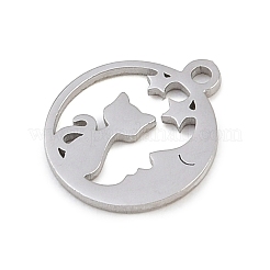 304ステンレススチールチャーム  月と猫のフラットラウンド  ステンレス鋼色  12.5x10.5x1mm  穴：1.2mm&nbsp;STAS-Z183-07P