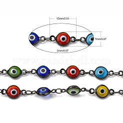 手作りのフラットラウンド真鍮ランプワークナザールボンジュウビーズチェーン  溶接されていない  スプールで  ガンメタ色  13x7x2mm  約16.4フィート（5m）/ロール&nbsp;CHC-P002-01B