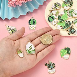 30個6スタイルアロイエナメルペンダント  鉢植え＆水草チャーム  ライトゴールド  ミックスカラー  22~33.5x14~20x1.5mm  穴：1.6mm  5個/スタイル&nbsp;ENAM-CJ0004-91