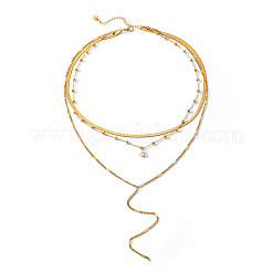 304 Stainless Steel Pave Clear Cubic Zirconia Teardrop Long Tassel Pendant 3 Layer Chain Necklaces for Women&nbsp;WGE5E69-01