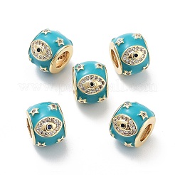 目と星の模様のラックメッキ真鍮マイクロパヴェキュービックジルコニアヨーロピアンビーズ、エナメル加工  ロンデルのお守り 祈り 大きな穴のビーズ  カドミウムフリー＆鉛フリー  長持ちメッキ  18KGP本金メッキ  ミックスカラー  11.5x9mm  穴：5mm&nbsp;KK-G512-01G